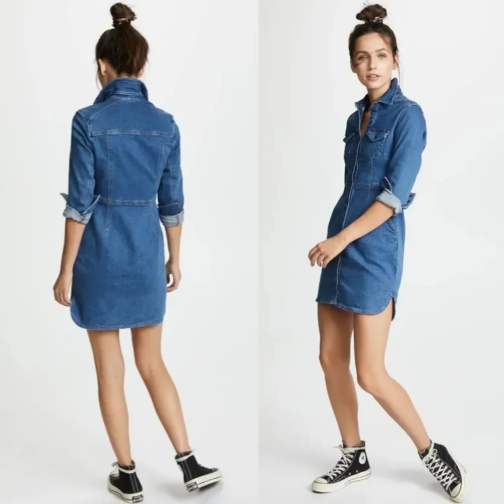 Free People Dynomite Snap Front Collared Denim Mini Shirt Dress‎ Size Small